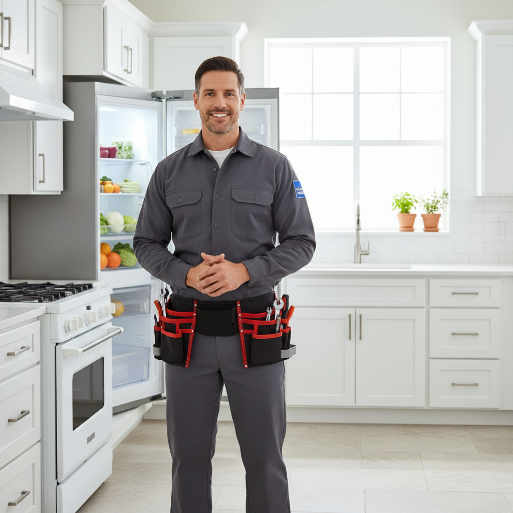 Smiling appliance repair technician in a modern kitchen