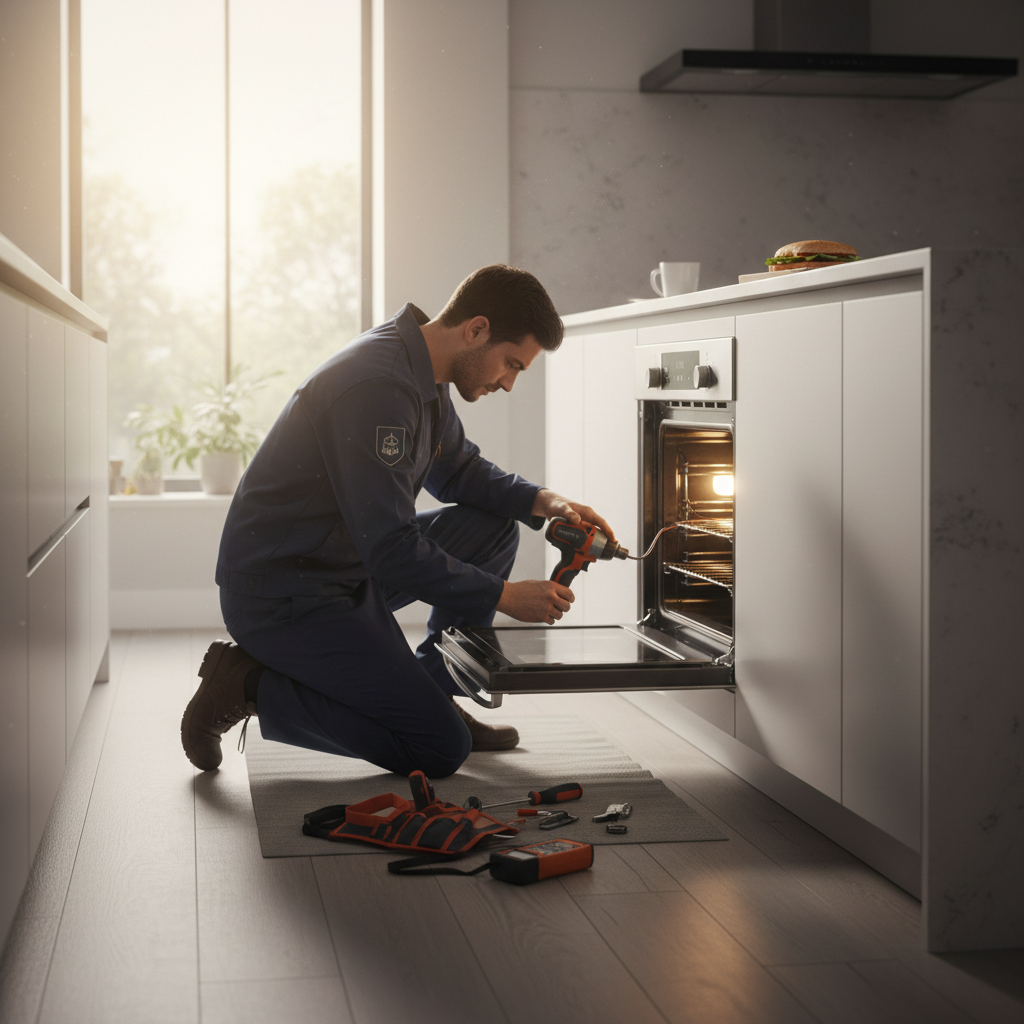 Appliance repair technician working on a built-in oven